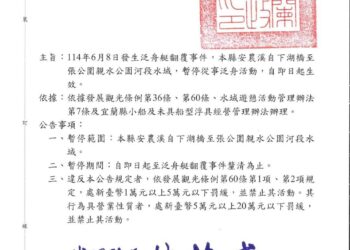 泛舟發生意外致死傷    縣府公告10日起暫停安農溪泛舟活動