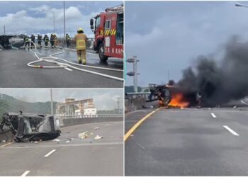 影音/國5自撞火燒車 目擊者:1名駕駛受困!