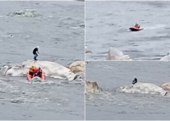 影音/男子漂漂河困沙洲 水陸空齊救援