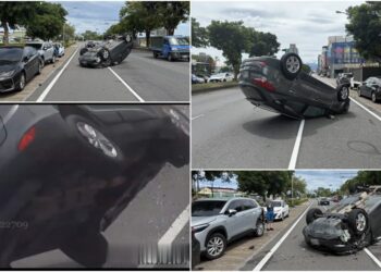 影音/連撞路旁三車 自小客四輪朝天翻覆路中!