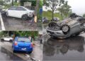 影音/疑因天雨路滑肇事 一車撞兩車後四輪朝天翻覆