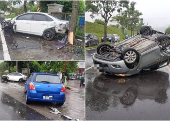 影音/疑因天雨路滑肇事 一車撞兩車後四輪朝天翻覆