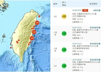 12/8晚間花蓮近海發生有感地震　最大震度4級