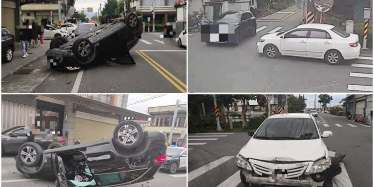 影音/黑車白車路口相撞 黑車當場翻覆四輪朝天